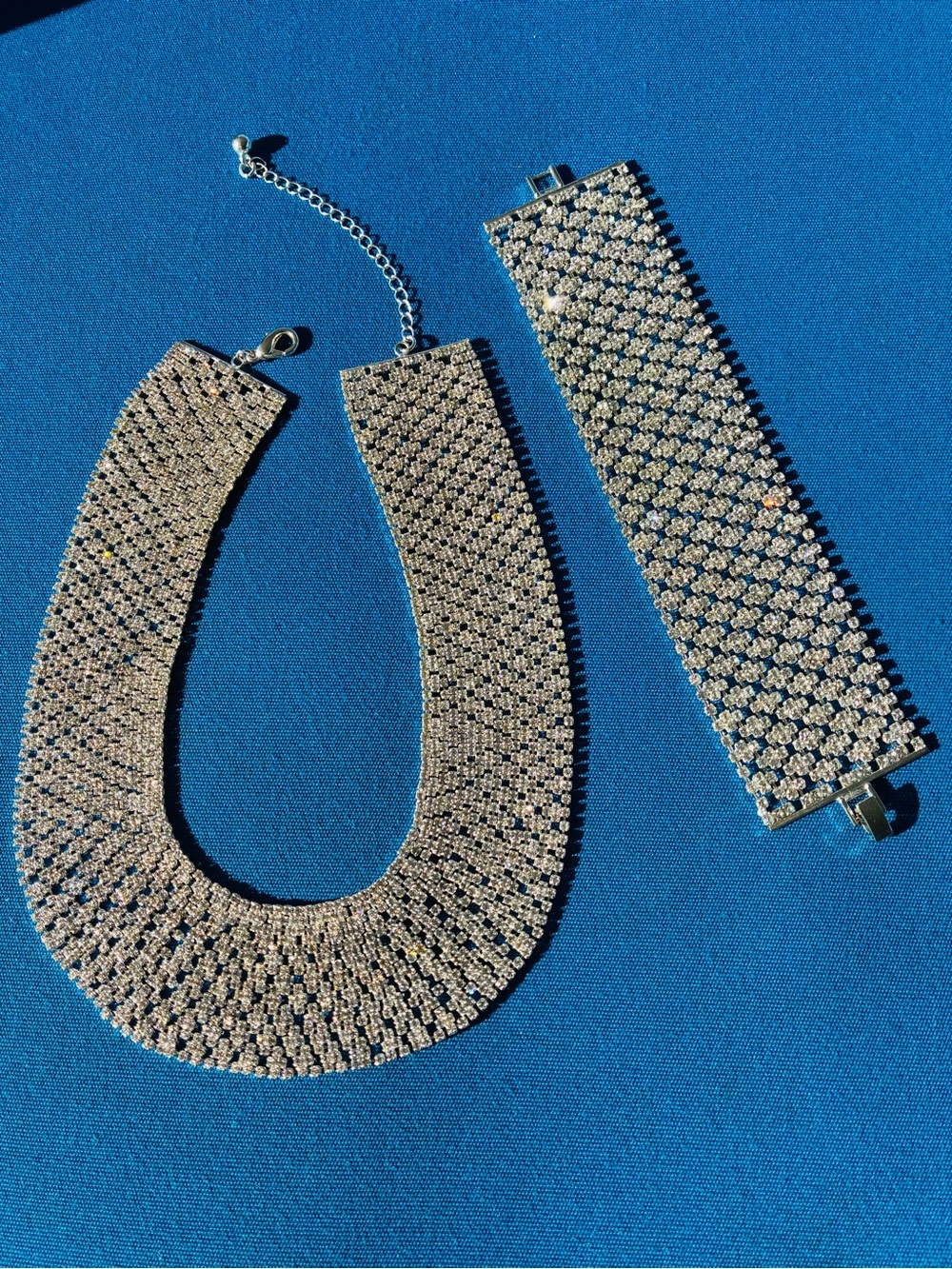 Silver wide mesh necklace & bracelet set, crystals , elegant, statement piece.